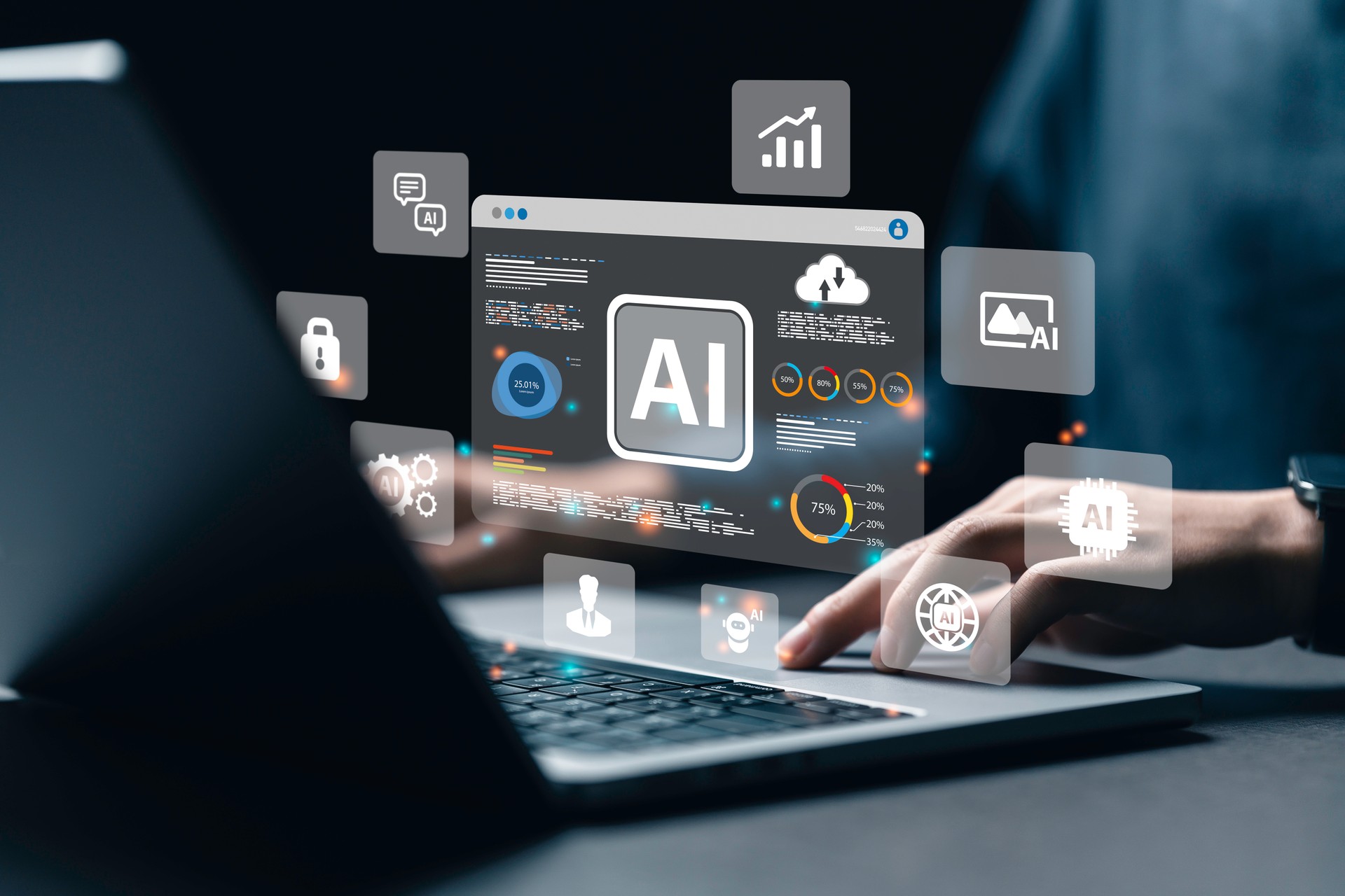 um analista de dados usando tecnologia AI para ferramenta de trabalho para análise de dados Chatbot Chat com IA, usando tecnologia robô inteligente IA, inteligência artificial para gerar algo ou ajudar a resolver problemas de trabalho.