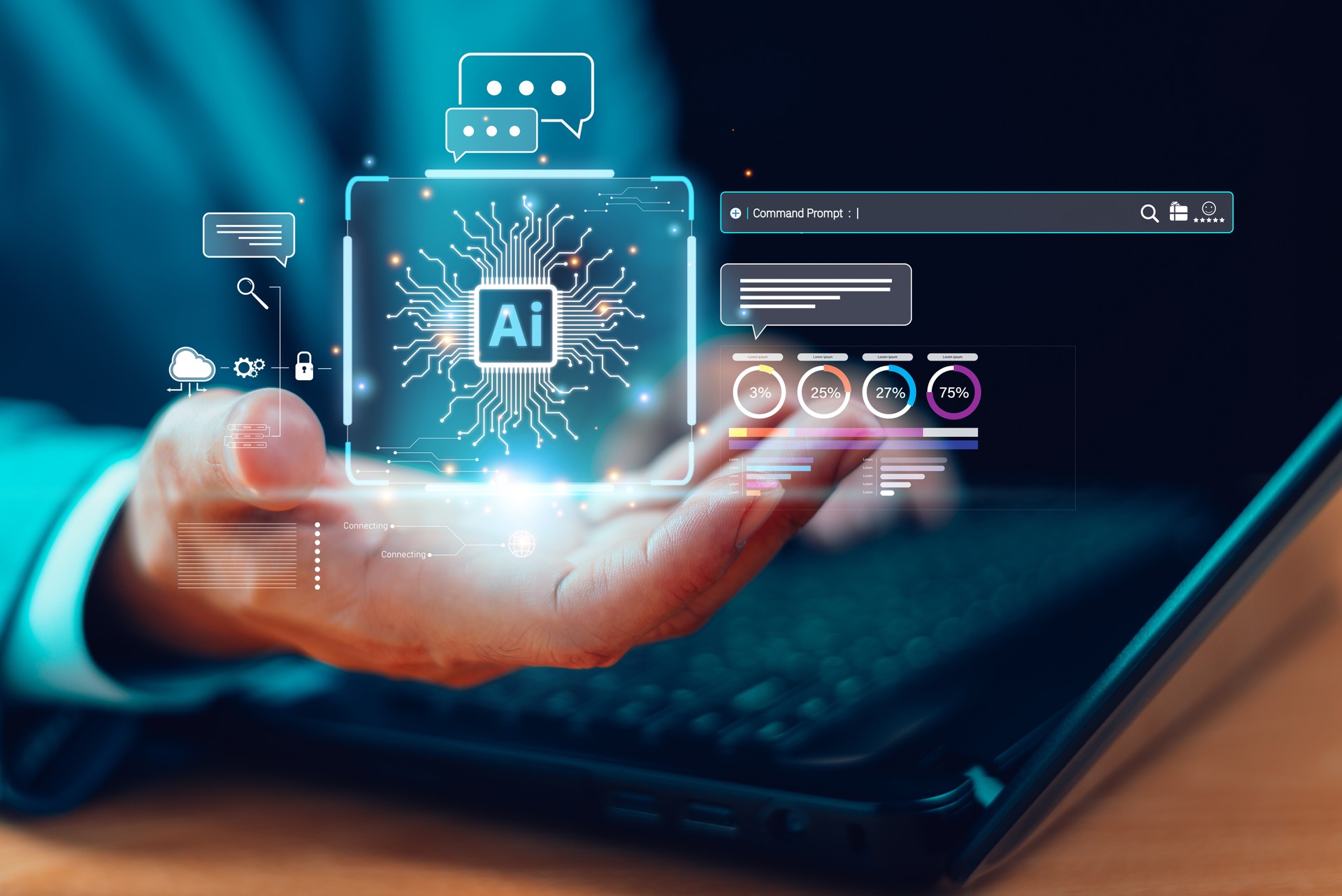 A tecnologia de IA ajuda o conceito de negócios. Assistência tecnológica de inteligência artificial. Atendimento ao cliente de tecnologia.  Empresário conecta robô Chat AI, prompt de comando gera transformação futurista